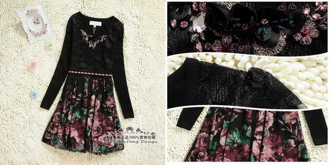 批發采購服裝代理加盟-供應卓姿喬雅風格 拼接碎花羊毛保暖長袖連衣裙 誠招網店代理.