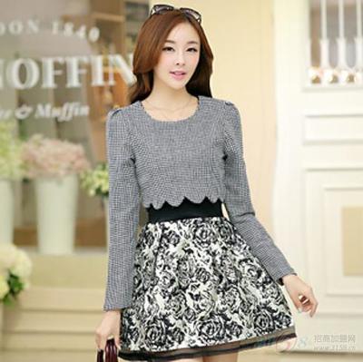 2014冬季新款韓版女裝 千鳥格長(zhǎng)袖假兩件套連衣裙 廠家批發(fā)代理_色韻花服裝-3158招商加盟網(wǎng)